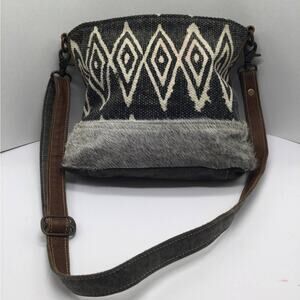 Myra Bag Azure Upcycled Canvas & Cowhide Leather Shoulder Bag S-1266